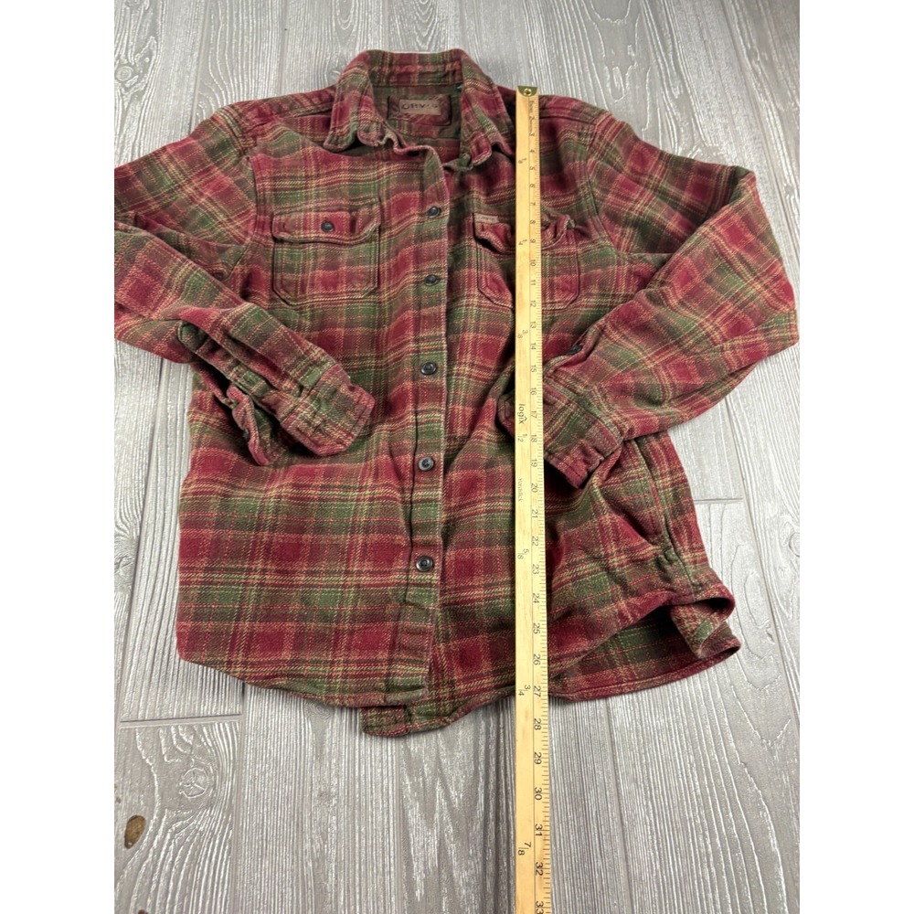 Orvis Mens Flannel Plaid Button Up Shirt Red Green Large Heavyweight Cotton - Picture 4 of 9